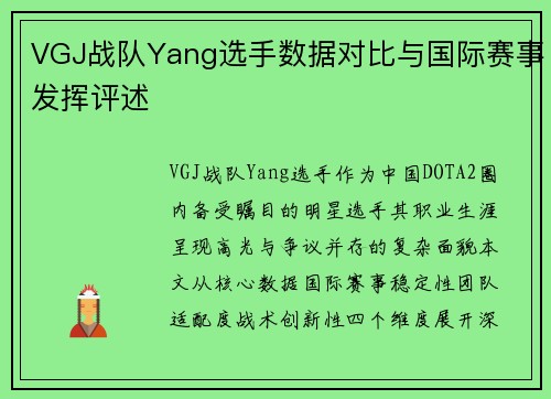 VGJ战队Yang选手数据对比与国际赛事发挥评述